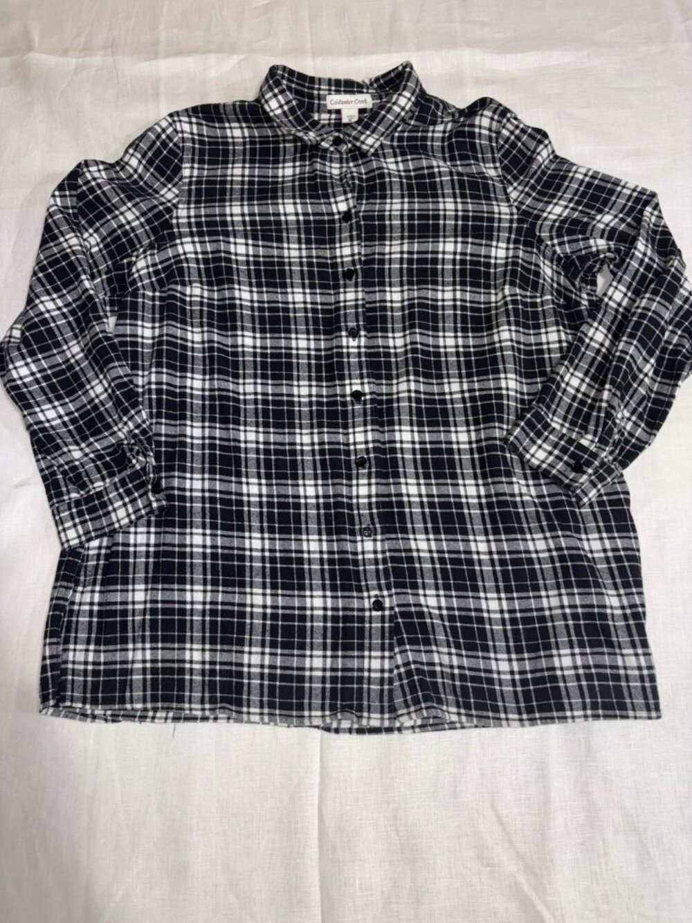 Coldwater Creek Plaid Flannel Blouse Top Women XL Button Down Long Sleeve Black